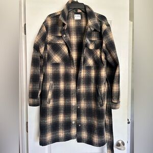 Ci Sono dark NAVY and Tan Plaid Long Coat